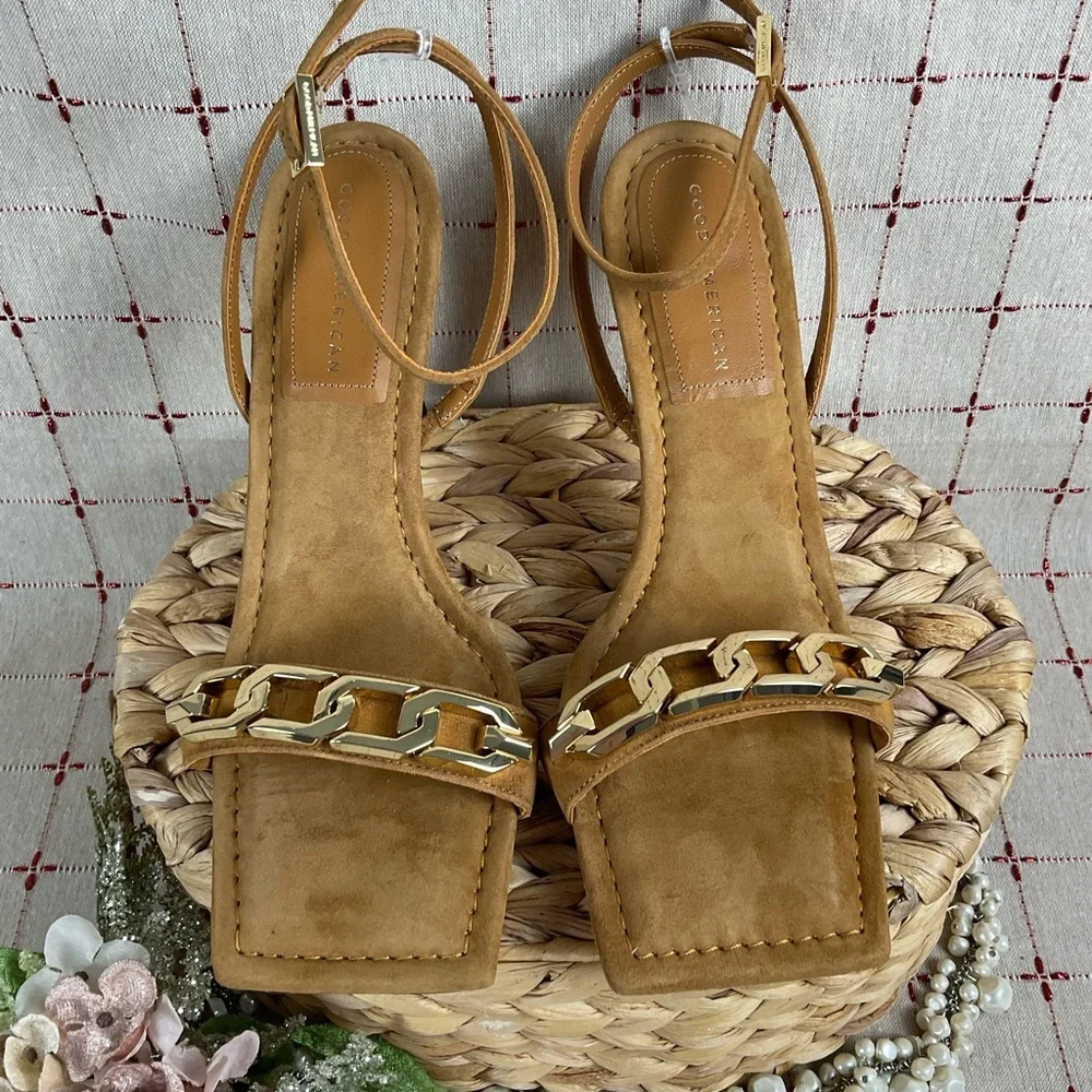 Good American Suede Single Strap Chain Heeled Sandals Amber Brown Sz 11 New - Picture 6 of 12